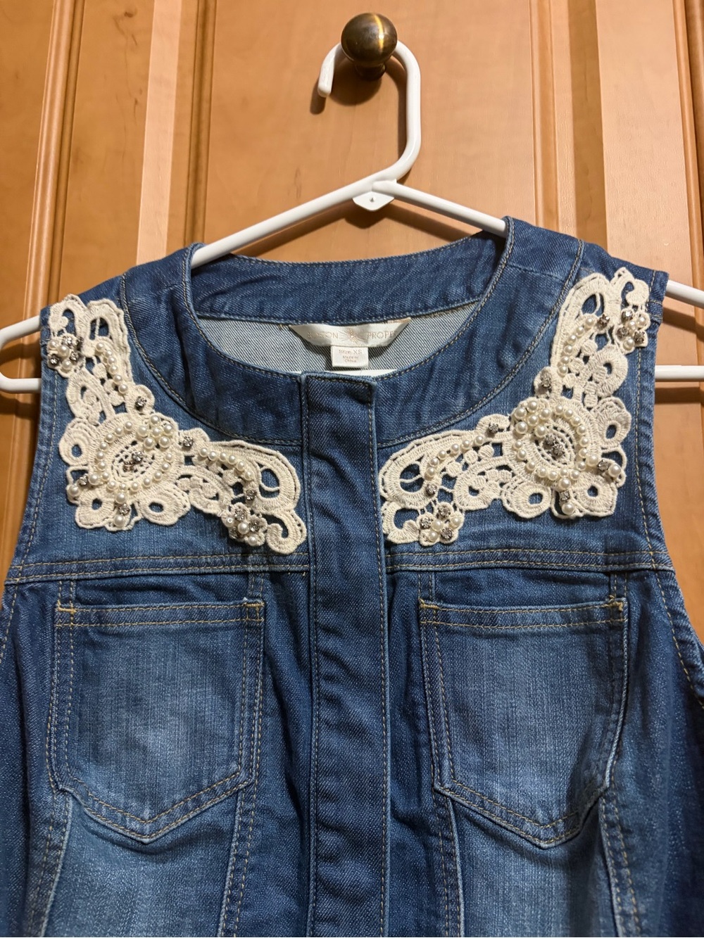 Boston Proper Blue Denim Vest with Cream Lace Trim - Picture 4 of 7